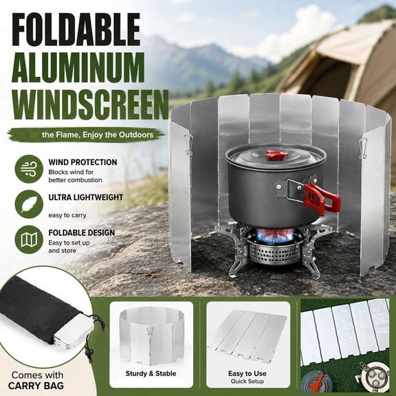10-Plate Aluminum Alloy Camping Windshield, Foldable Wind Guard for Backpacking Stove, Portable Cooking Screen for Outdoor Stove Heat Retention