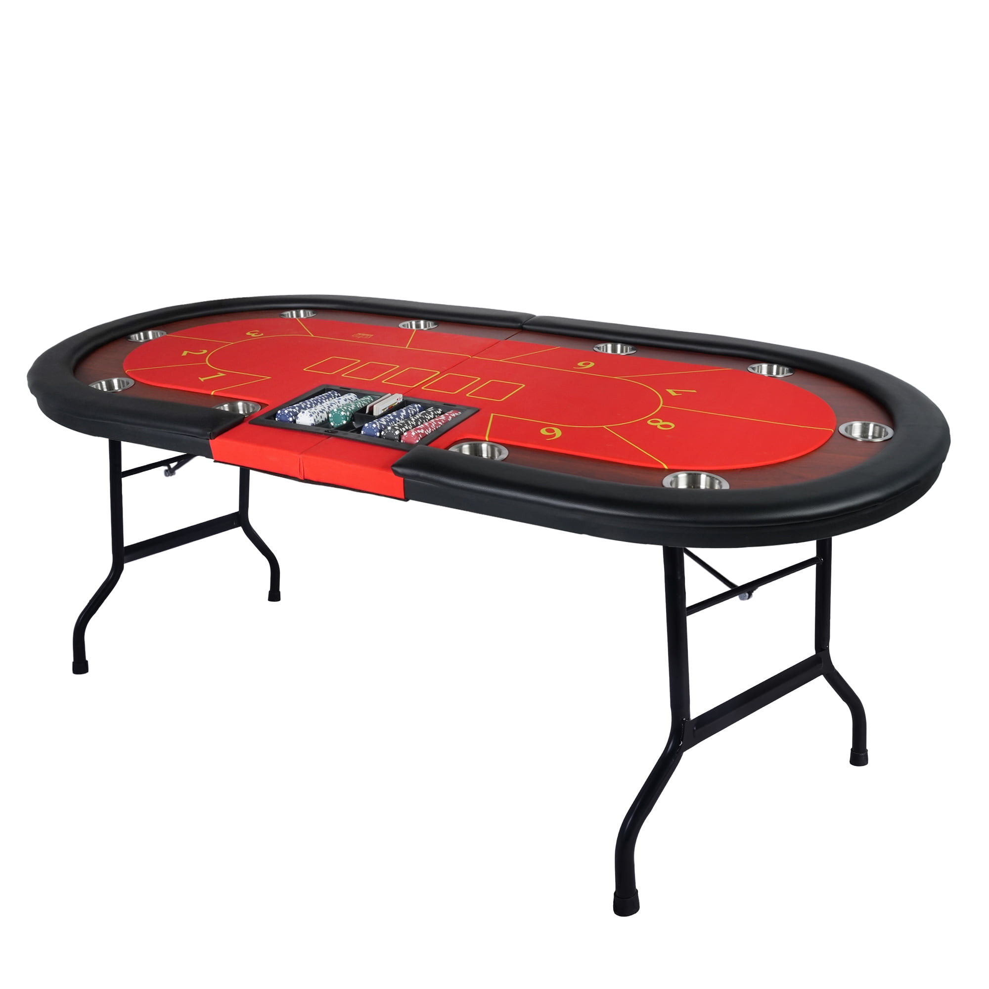 Red 10-Player Foldable Poker Table with Cup Holders and Padded Rails