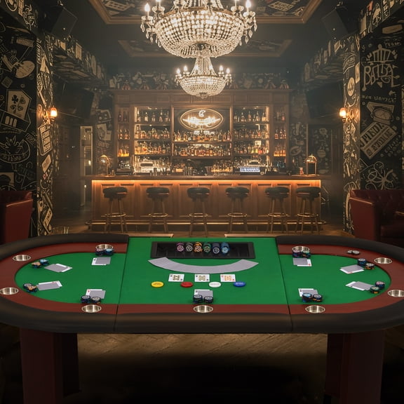 10-Player Oval Game Table, Wood Grain Recreational Table with Cup Holders & Chip Trays, Green Felt Tabletop for Family Game Night & Card Activities