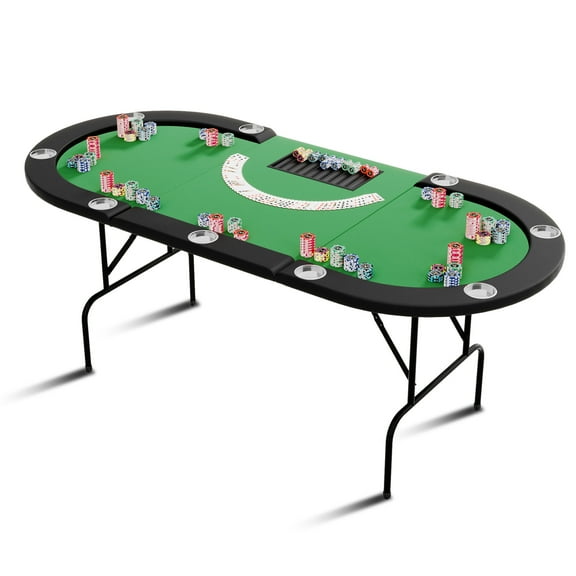 10 Player Poker Table, Collapsible Casino Table with Stainless Steel Cup Holders, Padded Rails & Folding Legs for Wine and Whiskey Glasses, (81.5 in x 42 in x 29.5 in, Green)