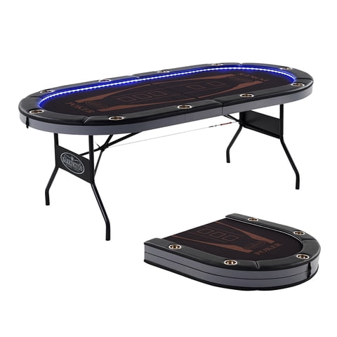 Barrington 10 Player Folding Poker Table with Built-in LED Lighting, Black/Brown
