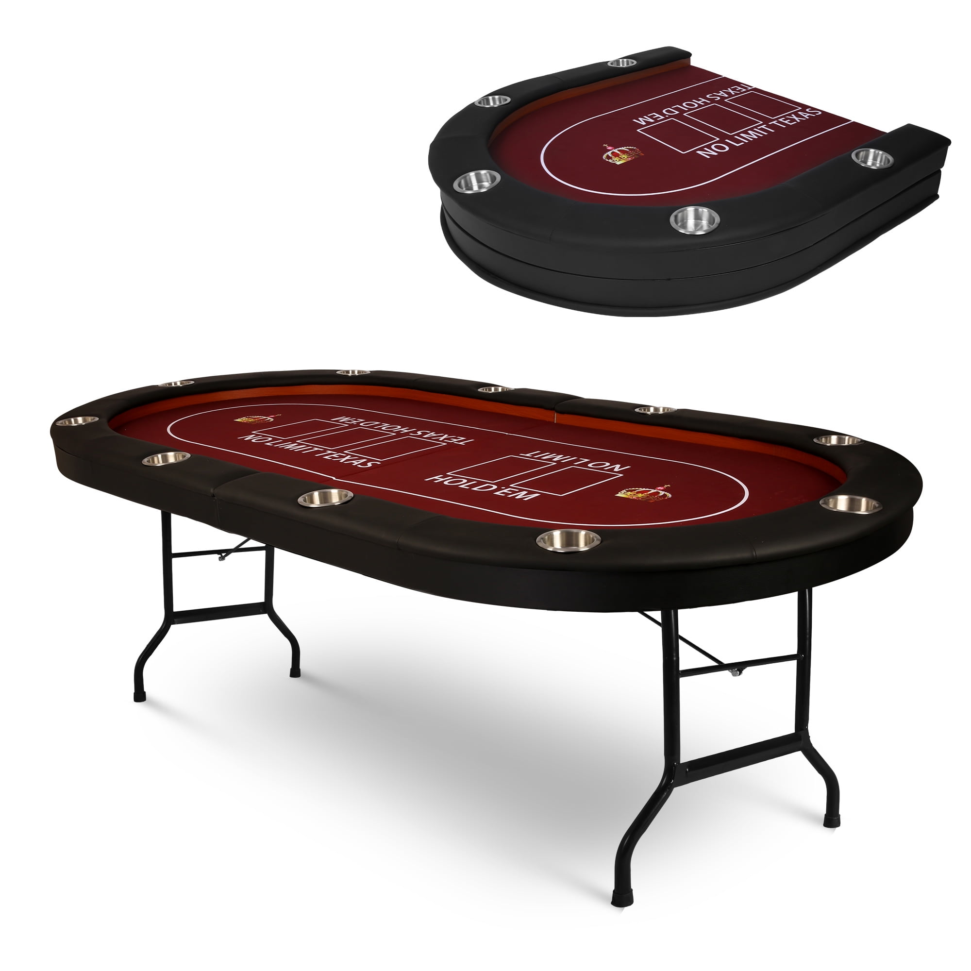 Red 10-Player Foldable Poker Table with Cup Holders and Padded Rails