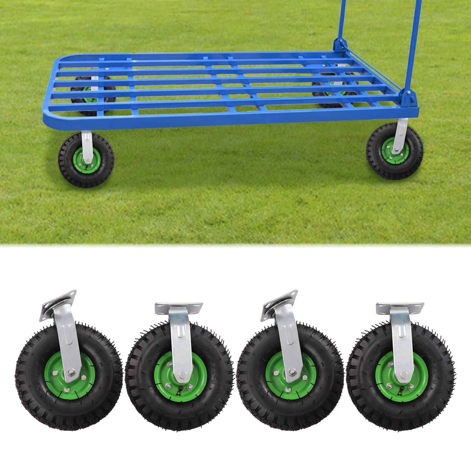 10" Pneumatic Caster Set of 4-2 Swivel/2 Rigid - Black Rubber Wheel - 125kg/ 275.58lbs. Capacity for Any Standard Wooden Pulley or Cart