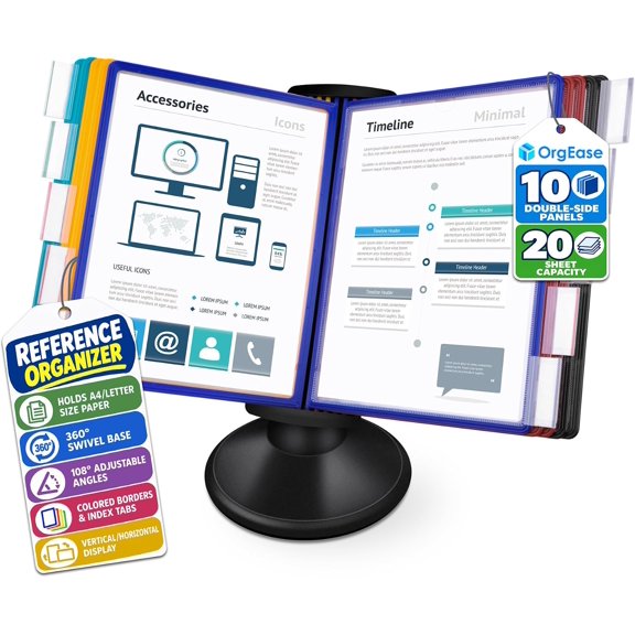 10-Pocket Desk Reference Organizer with 360 Swivel Base & 10 Double-Sided Panels Holds 20 Sheets A4/Letter Size Paper, Fast Flip & Find Desktop Reference System with Colored Index Tabs, Black