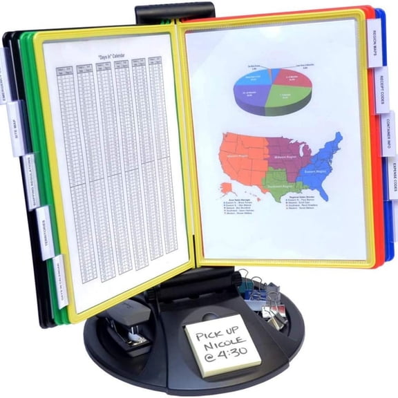 10-Pocket Desk Reference Organizer with Supplies Storage Base and EZ-Load Pockets to Hold 20 Sheets of Paper, Includes Fast Find Indexing Tabs