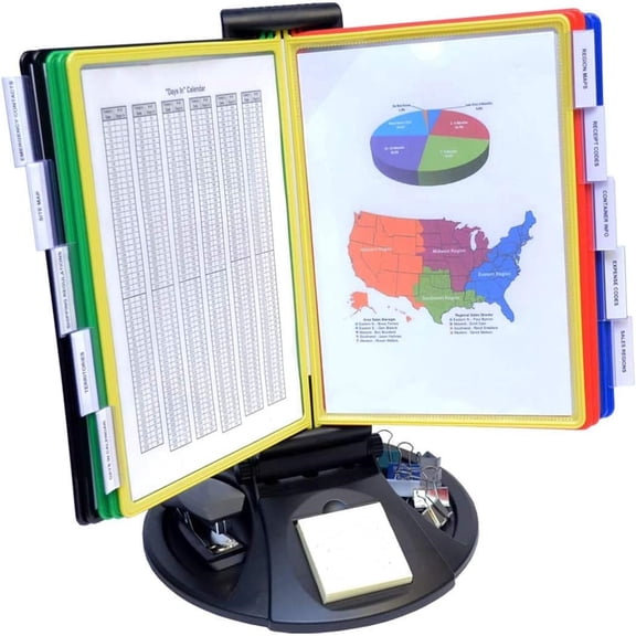 10-Pocket Desk Reference Organizer with Supplies Storage Base and Load Pockets to Hold 20 Sheets of Paper, Includes Fast Find Indexing Tabs