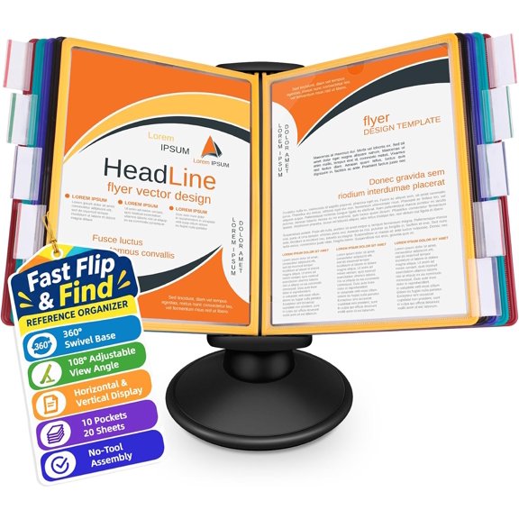 10-Pocket Desktop Reference & Display System with 360 Adjustable Base, Fast Flip & Find Desk Reference Organizer, A4/Letter Size 10 Double-Sided Panels with 5-Color Borders & Index Tabs, Black