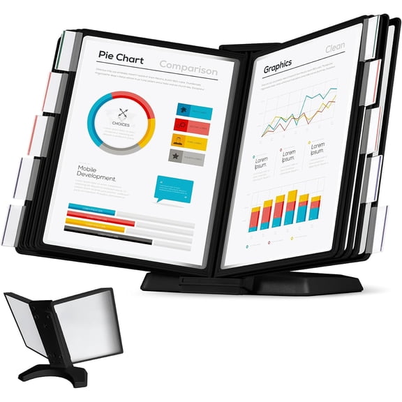 10-Pocket Expandable Desk Reference Organizer with Heavy-Duty Stable Base, Desktop Display System for Desk or Wall Mount, 10 Double-Sided Panels & 10 Index Tabs for A4/Letter Size, Black