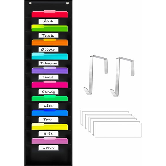 ABCKEY 10-Pocket Pocket Chart, Black, 14" Wide x 47" Tall, Wall Hanging File Organizer for Classroom, Office and Home