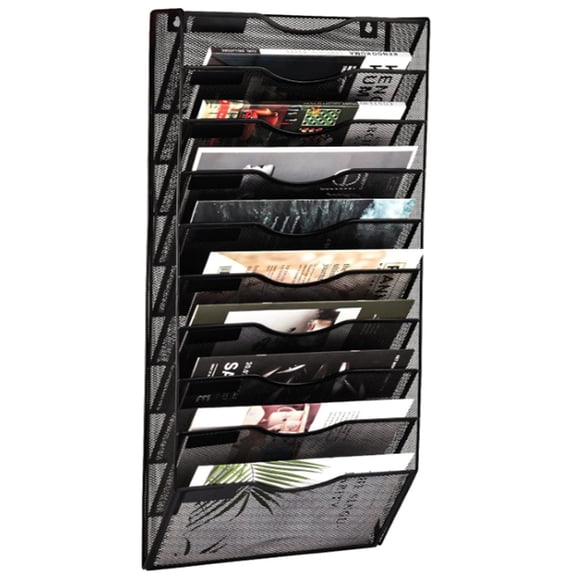 10 Pocket Mesh Hanging Wall File Organizer, Wall Mounted Mail Paper Document Folder Holder, Clipboard Storage Organization Magazine Rack with Nametag Label for Office Home School, Black