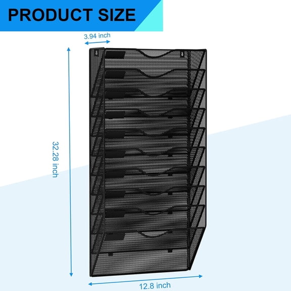 10 Pockets Hanging Wall File Organizer Mail Holder, Wall Mounted Paper Document Folder Holder, Clipboard Storage Organization Magazine Rack, Black