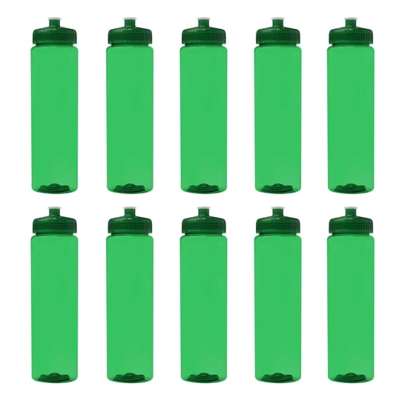 10 Poly-Clear Plastic Water Bottles Set, 32 oz. - Durable, Leak-Resistant, Push-Pull Lids - Trans Green