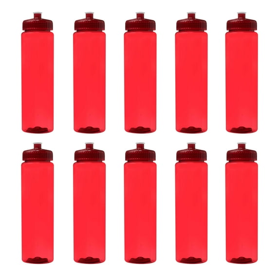 10 Poly-Clear Plastic Water Bottles Set, 32 oz. - Durable, Leak-Resistant, Push-Pull Lids - Trans Red