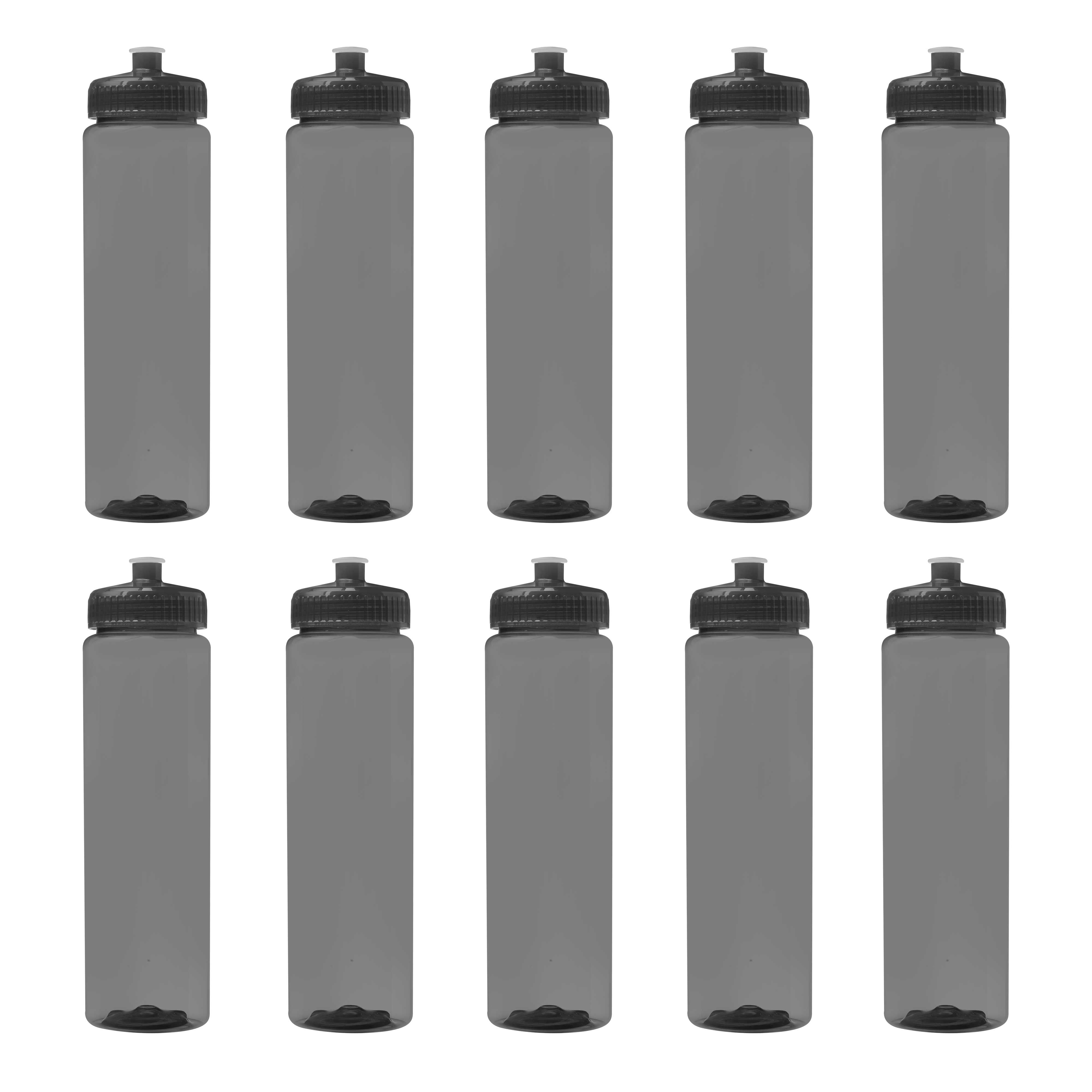 10 Poly-Clear Plastic Water Bottles Set, 32 oz. - Durable, Leak-Resistant, Push-Pull Lids - Trans Smoke