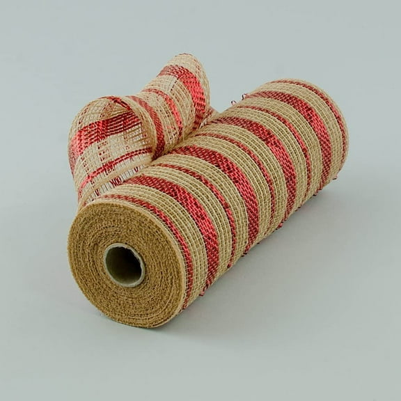 10" Poly Jute Burlap Deco Mesh Natural & Metallic Red Pinstripe 10.5" Wide and 10 Yards / 30 Feet Per Roll