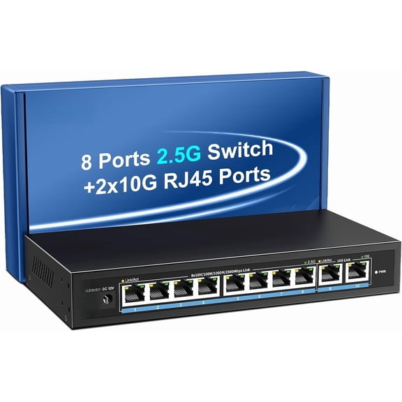 10-Port 10G/2.5G Ethernet with 10GBASE-T, 8X 2.5G +2 x 10Gb RJ45 Ports Unmanaged , 80Gbps Capacity, 10G Desktop/Wall Mount Network for NAS, PC, AP