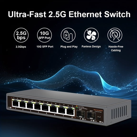 10-Port 2.5G Ethernet Switch, 82.5G RJ45 + 210G SFP+ Ports, 100/1000/2500Mbps Fanless Metal Plug & Play Network Switch for NAS PC Wireless AP