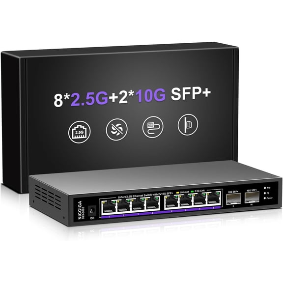 10 Port 2.5Gb Unmanaged Ethernet Switch with 8* 2.5G Base-T Ports + 2* 10G SFP+ Ports. 8 Port 2.5Gbps Network Switch for 2.5Gbps NAS/PC, WiFi6 Router, Wireless AP. Fanless Design.