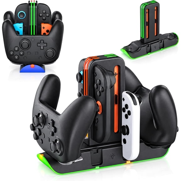 10-Port Multi Controller Charging Dock for NS2 and Switch, Charges 8 Joy-Con and 2 Pro Controllers, Two Docks in One Box, RGB Light Ring with Touch Control, Individual LED Per Slot