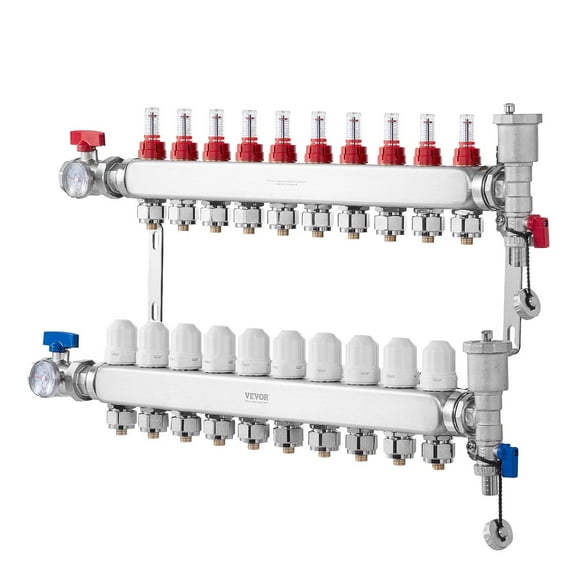 10-Port Stainless Steel Radiant Heat Manifold Kit with 1/2" PEX Tubing & Adapters for Hydronic Floor Heating Systems