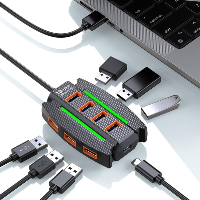 10-Port USB 3.0 Hub with Power Adapter, High-Speed Multi Hub Splitter with 3.9ft Cable, Compact Multiport USB Extension Dock for Desktop, Laptop, Xbox, Camera, Keyborad, Mouse