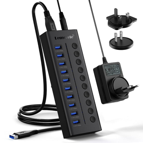 10-Port USB 3.0 Hub with Independent Power Switch, 5Gbps Data Transfer, 5V/0.9A Charging Port, Powered USB Expansion Hub for PCLaptopMac