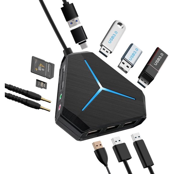 10-Port USB Hub 3.0/2.0, C with 3.2ft/1m Long Cord, SD/TF Card Reader, Splitter for Laptop, Keyboard, Mouse, Mac, PC, Ipad Pro, Surface Pro and Devices