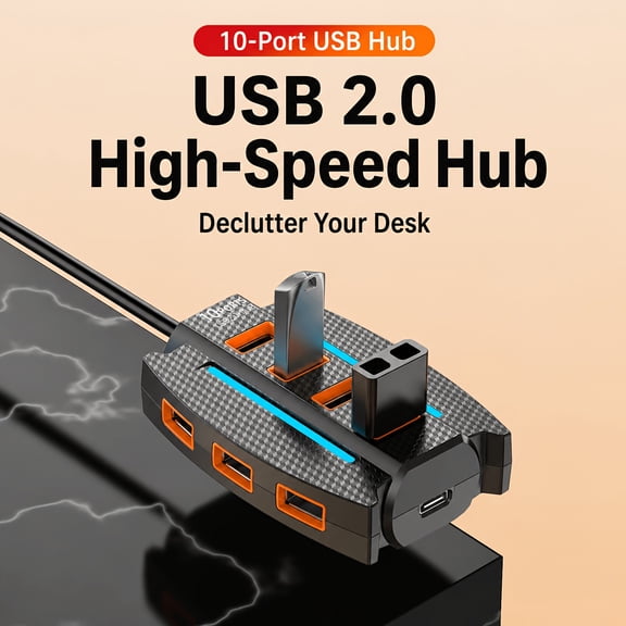 10-Port USB Hub for Computers and Laptops, Multi-Device Connector Splitter with Type-C Power Port, Universal for Keyboard, Mouse, Flash Drive, Printer, External Hard Drive