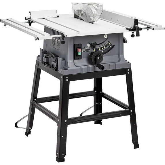 10" Portable Table Saw with Stand, 15A 5000RPM Benchtop Saw, 0-45° Bevel & 90° Cross Cuts, Dust Collection Port, Includes Push Stick & Carbide Blade