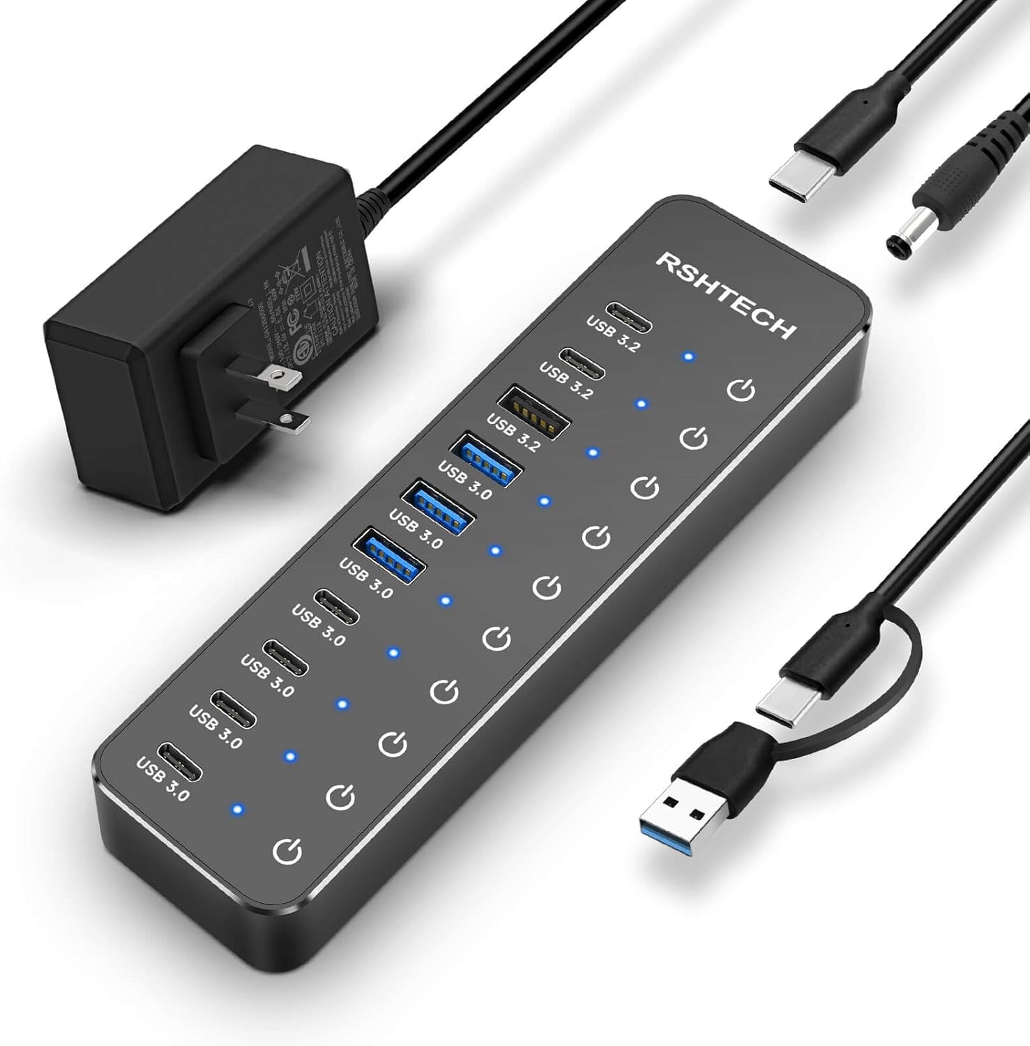10 Ports Powered USB 3.2/USB C Hub Splitter 60W with 3 x 10Gbps USB 3.2 Ports (2C + 1A),7 x USB 3.0 Ports (4C + 3A), 3.3ft Cable and Individual Touch Switches for Laptop PC