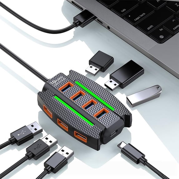 10 IN1 USB Hub, 3.9ft Long Cable Multiport Adapter Extender with RGB Light for Laptop, Desktop, PC