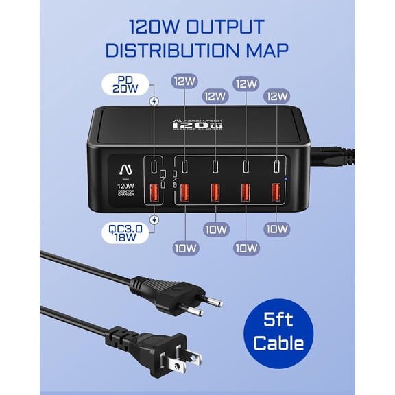 10-Ports USB C Charging Station, 120W Travel USB Power Strip with EU European Plug and US Plug, Multiport Charging Hub for iPhone 15/14/13/12, iPad Air/Pro, Galaxy -Black