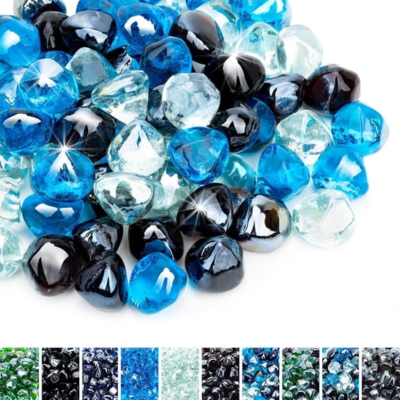 10-Pound Blended Fire Glass Diamonds for Fire Pit Fireplace Landscaping, 1/2 Inch Caribbean Blue, Crystal Ice, Amber Luster