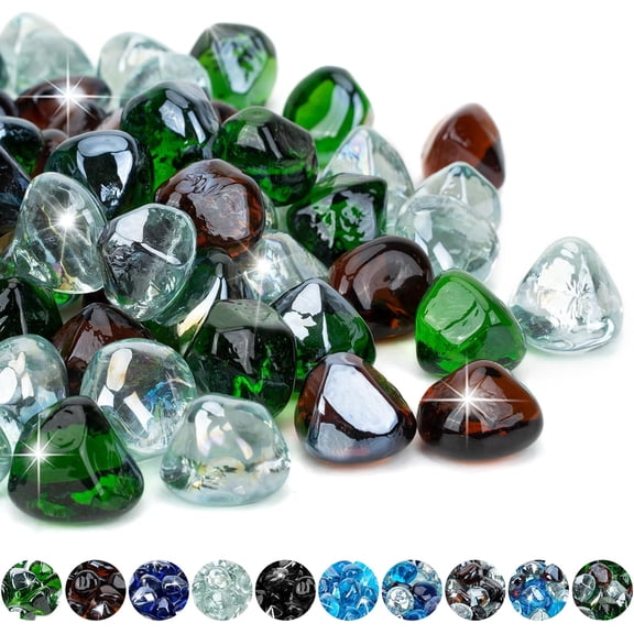 10 Pounds Blended Diamond Fire Glass, 1 Inch High Luster Reflective Fire Pit Glass Rocks for Fireplace Fire Pit & Lanscaping, Emerald Green, Crystal Ice, Amber