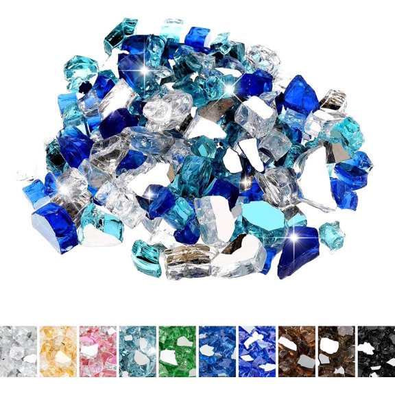 10 Pounds Blended Fire Glass - 1/2 Inch Mixed Colored High Luster Reflective Tempered Glass Rocks for Fireplace Fire Pit Table Fireplace and Landscaping, Aqua Blue+Cobalt Blue+Platinum