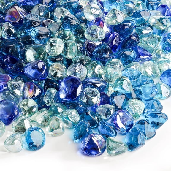 10 Pounds Fire Glass Diamonds for Fire Pit, 1 Inch Luster Crystal Glass Rocks for Propane Fireplace, Landscaping, Vase Filler, Fish Tank, Caribbean/Cobalt Blue, Crystal Ice Luster