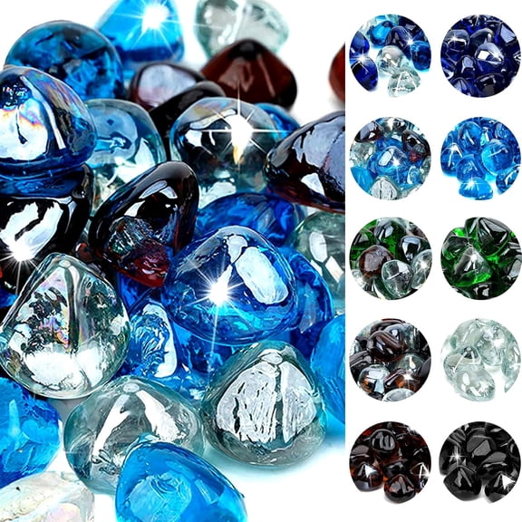 10-Pounds Fire Glass Diamonds for Propane Fire Pit, 1 Inch Blended Firepit Glass Rocks Stones for Gas Fireplace and Fire Pit Table, Caribbean Blue, Crystal Ice and Amber