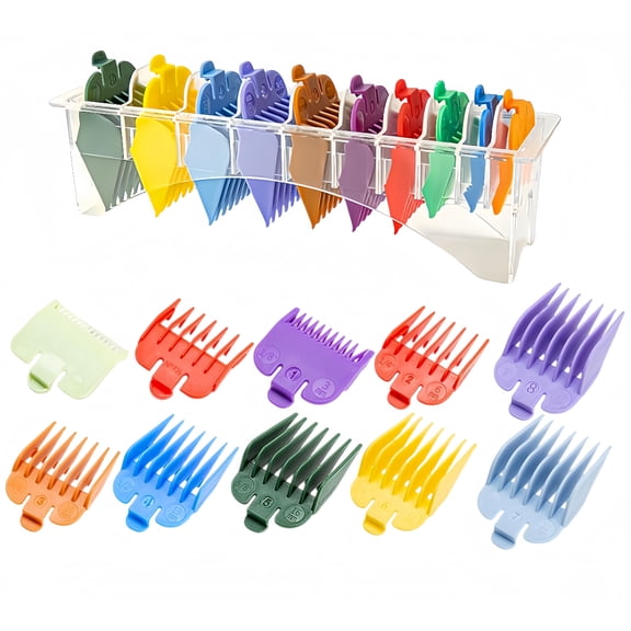 10 Professional Hair Clipper Guards Cutting Guides Fits for Most Wahl Clippers with Organizer, Color Coded Clipper Combs Replacement - 1/16" to 1"
