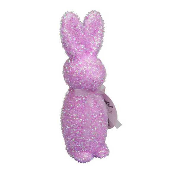 10" Puerple Sparkling Easter Bunny Decor - with Glittery Ribbon-Accented Flocked Rabbit Figurines, Cute Bunny for Easter Table, Mantle & Seasonal Ornament