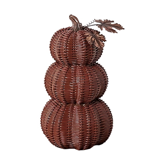 10" Pumpkin Halloween Home Decorations, Faux Rattan Basket Weave Stacked Pumpkin Halloween Statues with Metal Leaves & Twigs, Rustic Fall Harvest Tabletop Ornament for Thanksgiving
