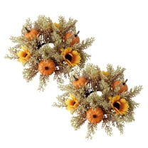 10" Pumpkin Sunflower Candle Rings 2 Pack, 3 Inch Center Fall Thanksgiving Table Decor, Autumn Mini Wreaths for Wedding Centerpieces, Holiday Party Decorations, Harvest Theme Tabletop Arrangements