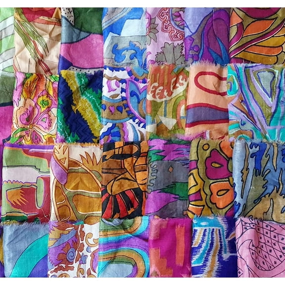10 Qty 8"X30" Lot 100% Pure Silk Print Vintage Sari Fabric, Remnants, Scrap Bundle, Precut Fabric, Multicolored Squares for Craft Patchwork