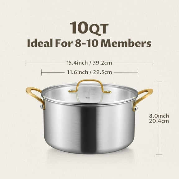 10 Quart Tri-Ply Stainless Steel Stock Pot, Nonstick Stockpot with Sturdy & Double Handle, Even Heating, Induction Cooking Pot for All Stoves, Large Soup Pot for Catering, Groups, Events, Silve