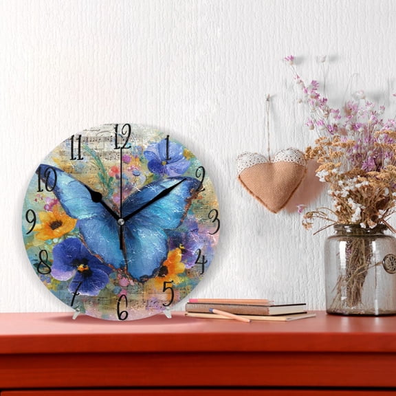 10" Quartz Indoor Wall Clock Silent Mechanism / Blue Butterfly and Musical Sheets