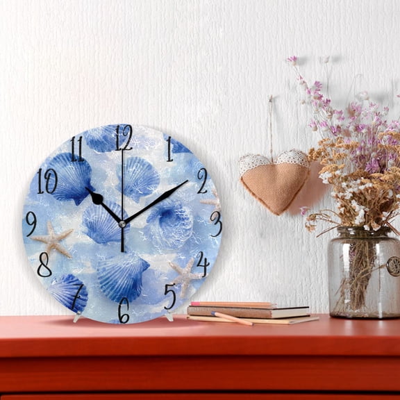 10" Quartz Indoor Wall Clock Silent Mechanism / Cerulean Seashells Pattern