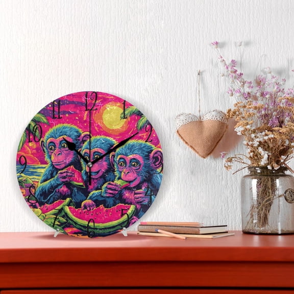 10" Quartz Indoor Wall Clock Silent Mechanism / Cute Monkeys Eating Watermelon