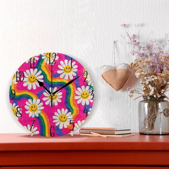 10" Quartz Indoor Wall Clock Silent Mechanism / Groovy Daisies with Smiley Faces