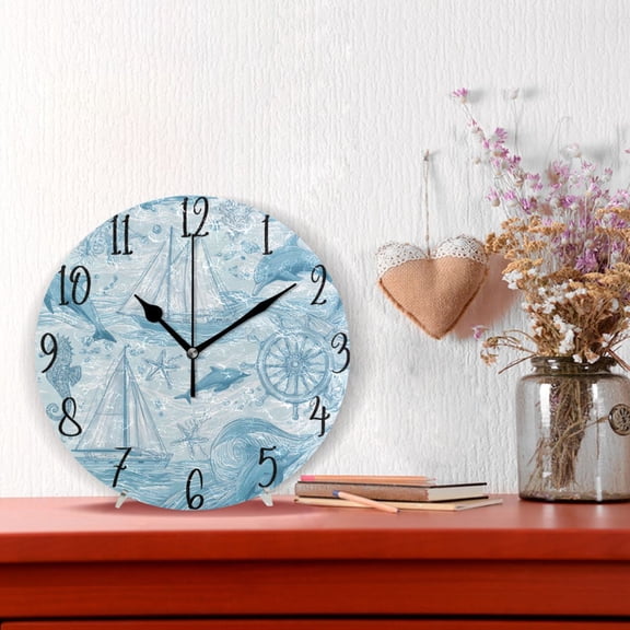 10" Quartz Indoor Wall Clock Silent Mechanism / Light Blue Dolphins Nautical Pattern