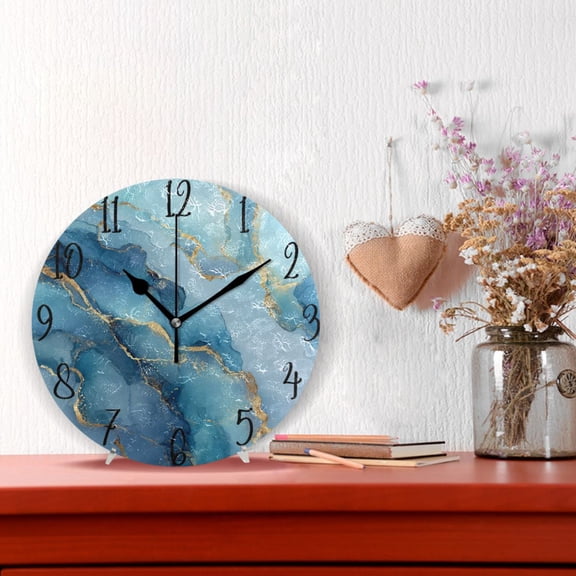10" Quartz Indoor Wall Clock Silent Mechanism / Light Blue Gold Marble Pattern