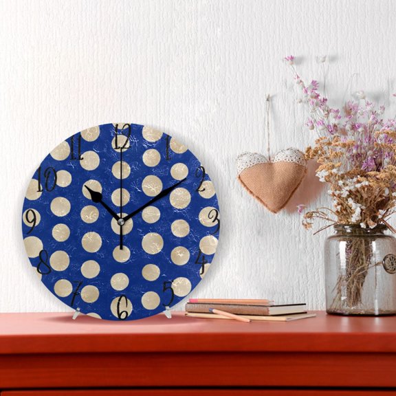 10" Quartz Indoor Wall Clock Silent Mechanism - Navy Blue Gold Polka Dot